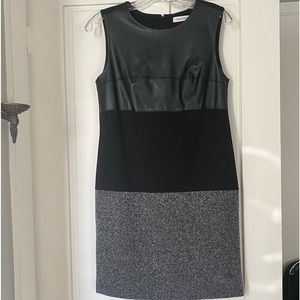 Calvin Klein 8p dress shift pho leather top drop waist herringbone knit